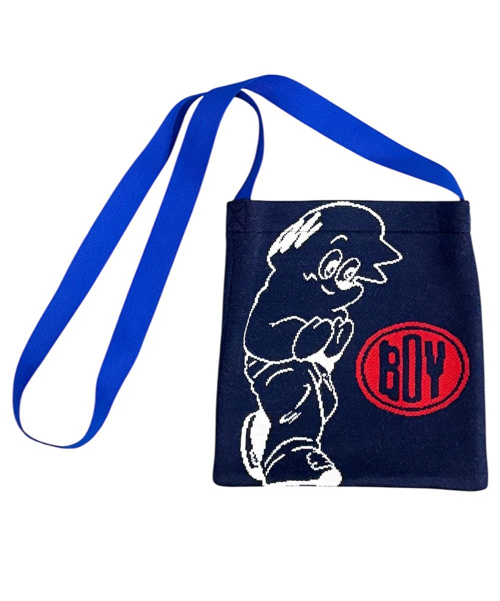 ♥ DB-BAR BOYコラボ - KNIT SHOULDER BAG | NAVY ボーイ ニット サコッシュ ショルダー バッグ ホワイト ネイビー レッド ストリート アーティストコラボ