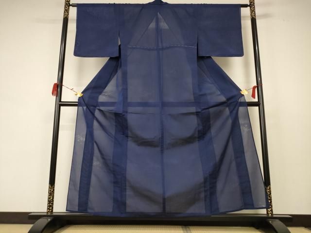 平和屋着物＊夏物 色無地 枝葉紋紗 留紺色 正絹 AABC1835jd