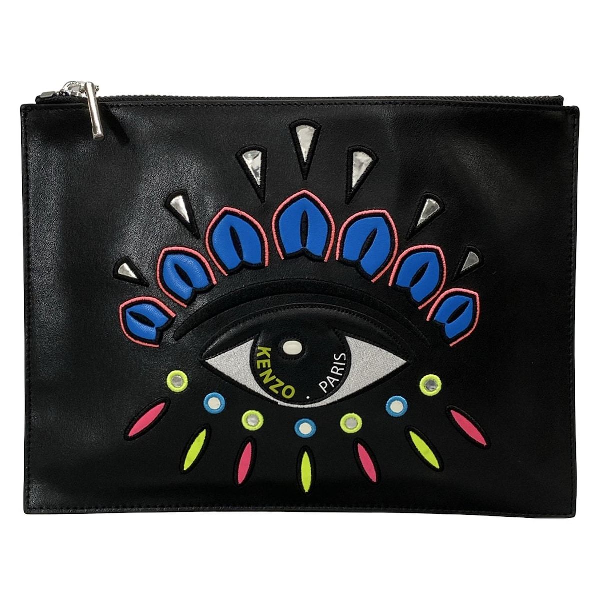 KENZO(ケンゾー) クラッチバッグ美品 - 黒×ブルー×マルチ レザー