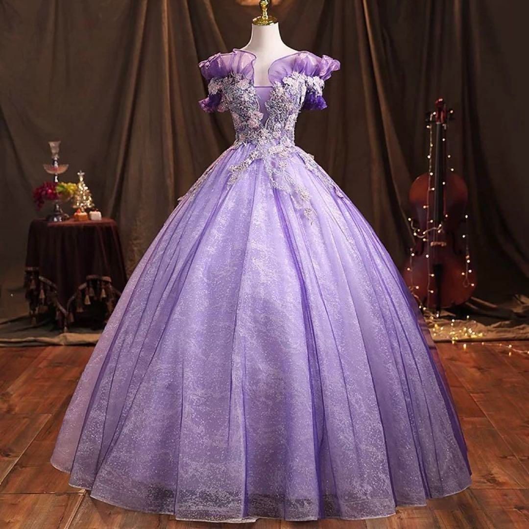 お花のデザインがゴージャスなフリルイブニングドレス♩.• 25年新作 新品未使用 お花のデザインが可愛い フリルの