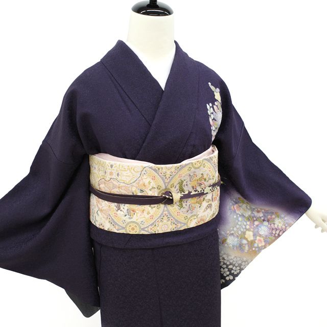 未使用美品 お召色無地 丈166 裄68 深紫 未使用美品 お召色無地 丈166 裄68 深紫 中古】 小紋 着物 リサイクル