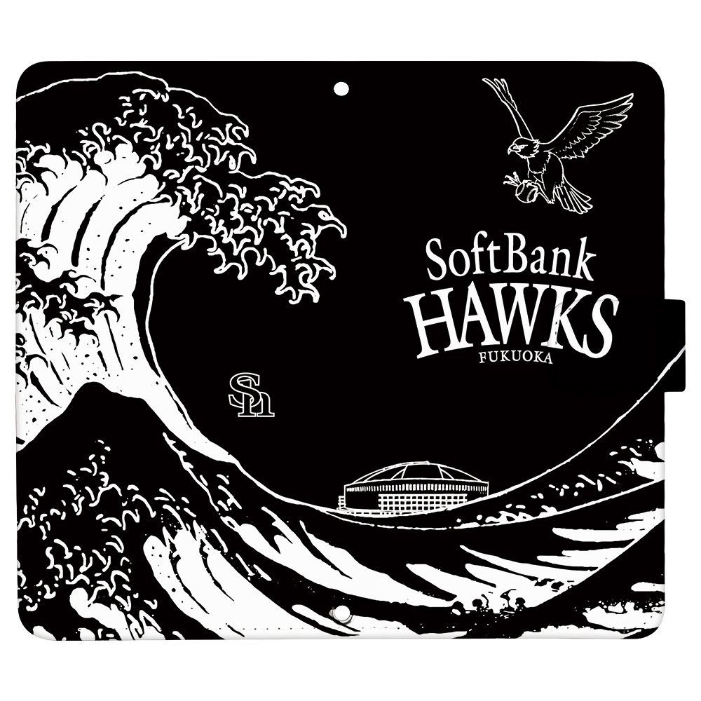 Softbank HAWKS 正規品 AQUOS sense2 SH-M08 ケース 手帳型 スマホケース [デザイン:7.和波ホークス(bk)/マグネットハンドあり] 福岡 ソフトバンク ホークス パターン グッズ