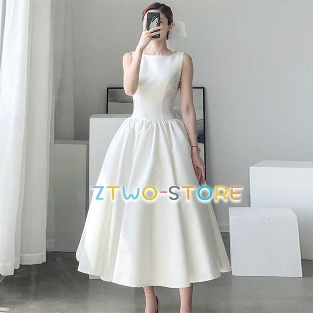 ウェディングドレス 白 ウェディングドレス 大きいサイズ 3L 4L ウェディングドレス ミモレ丈 ノースリーブ シンプル 二次会 バックオープ