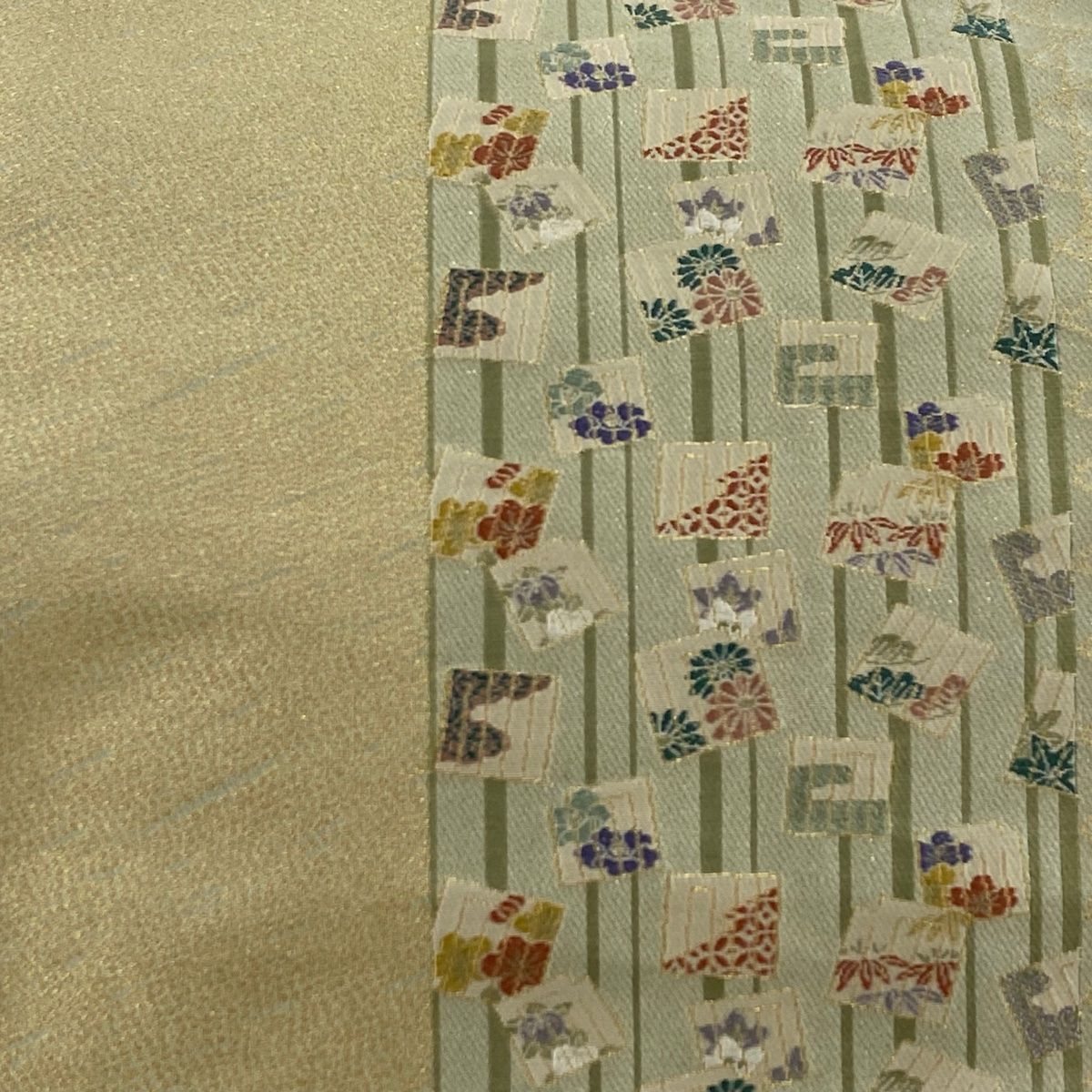 袋帯 秀品 源氏香 草花 金糸 抹茶色 六通 正絹