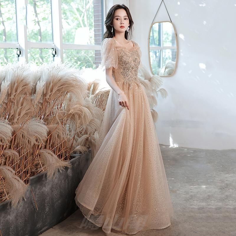 シャンパン ドレス 声楽発表 司会 演奏会向け 感Aラインワンピース レディース三分袖WP 109