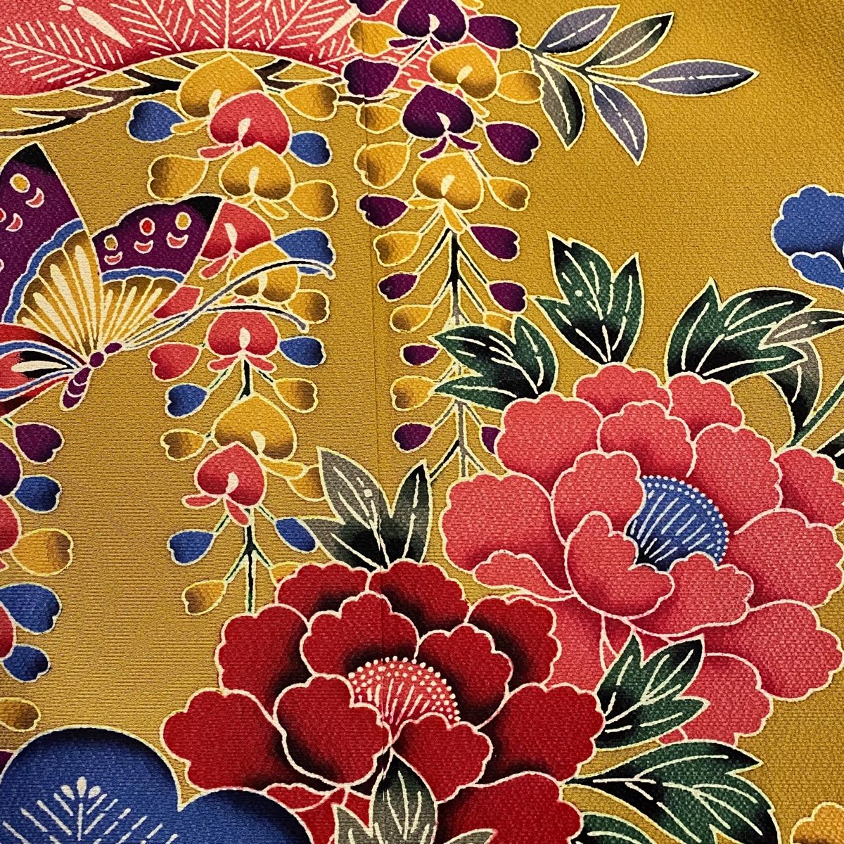 振袖 身長158-173cm 黄 矢絣 牡丹 松竹梅 正絹 振袖 身丈161cm 裄丈68.5cm L 袷 牡丹 松竹梅 縮緬 松竹梅 山吹