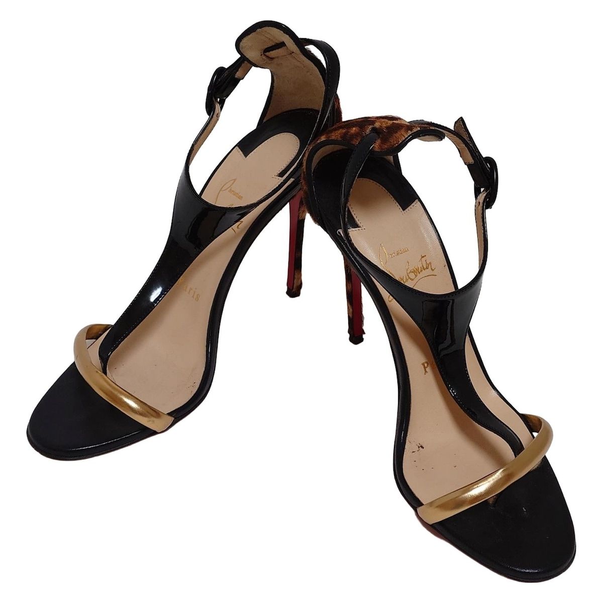 CHRISTIAN LOUBOUTIN クリスチャンルブタン サンダル 37 レディース - 黒×ゴールド×マルチ 豹柄 レザー