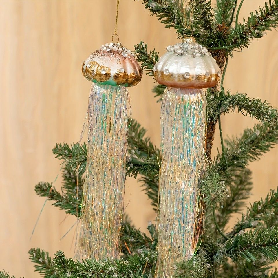 クラゲ ガラス クリスマスオーナメント クリスマスツリーデコレーション用 手塗り ガラス吹きオーナメント ビーチ 海岸 海の動物 2個パック