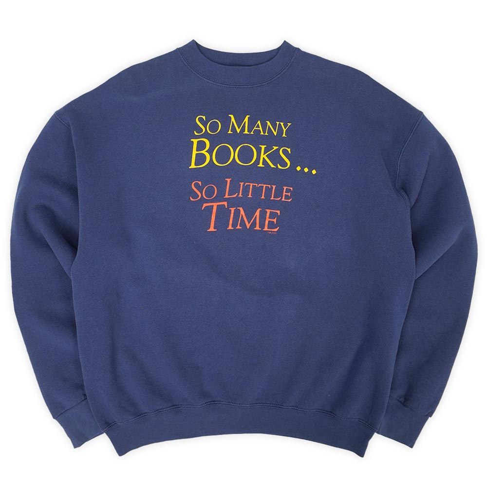 SO MANY BOOKS... SO LITTLE TIME 90s 90年代 プリントスウェット Fruit of the loom フルーツオブザルーム USA製 ヴィンテージ 格言 名言 古着 ネイビー 紺 XL【中古】