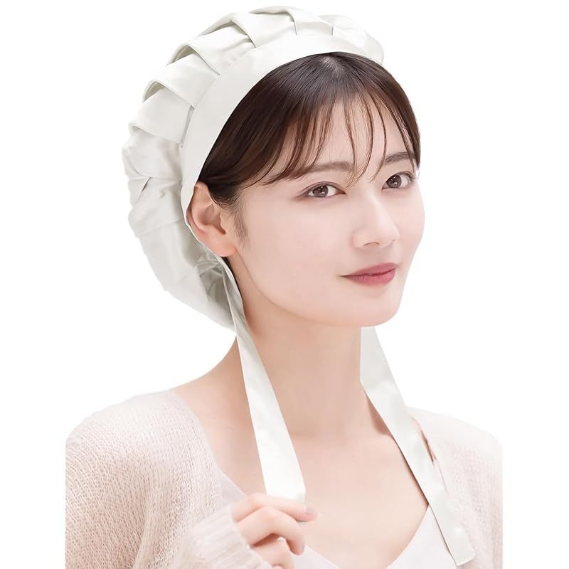 [COCOSILK] ナイトキャップ シルク リボン 紐 シルクキャップ ショートヘア シルクナイトキャップ 就寝用 シルク100% ヘアキャップ （M・ホワイト） 0
