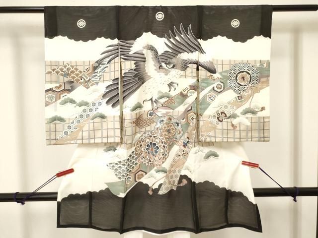 平和屋着物＊夏物 お宮参り 男の子 祝着 産着 初着 のしめ 絽 鷹 鷲 鏡裏花松文 銀彩 DAAW2920ma