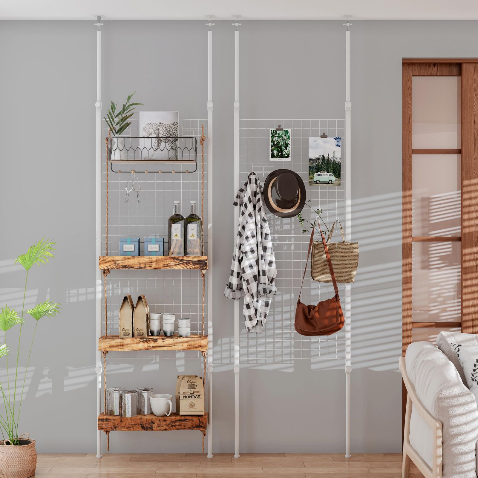 突っ張りメッシュパネル 突っ張り棒 突っ張りパーテーション ワイヤーネットメッシュタイプ 幅60×奥行2.5×高さ165-290cm 3連体Sフック2個付き 壁掛け 小物展示収納 LunarLight 壁面収納 天井 間仕切り 頑丈 組立簡単 耐震