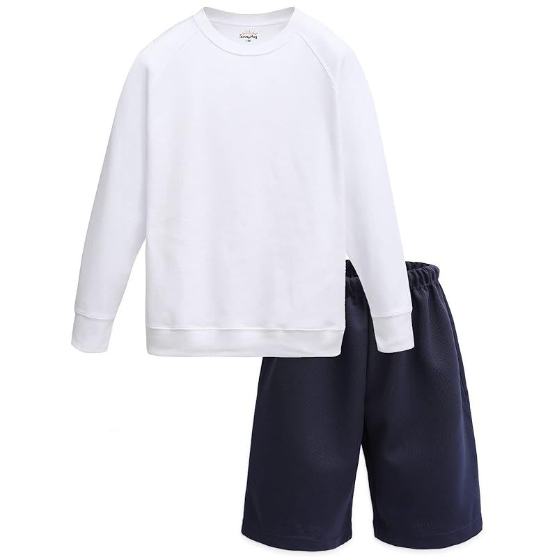 [サニーハグ] 体操服 体操着 長袖 上下セット 男の子 女の子 兼用 綿高混スムース 吸汗速乾 スクール キッズ 幼稚園 小学生 中学生 (130cm， 丸首長袖上下セット) 0