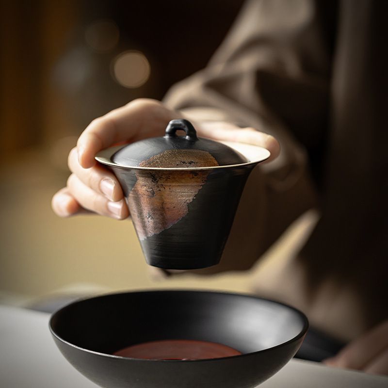 磁器 茶器 黒金馬蹄三才蓋碗 茶碗 煎茶器 新品未使用 茶碗 銀仕上げ 禅風デザイン 馬蹄型 二才蓋碗 粗陶製 レトロ風