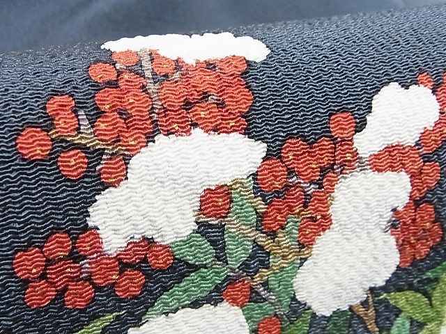 平和屋-こころ店■極上　九寸名古屋帯　雪持ち南天　鬼しぼ縮緬　正絹　逸品　未使用　KAAA10448kk4 平和屋-こころ店□極上 九寸名古屋帯 雪持ち南天 鬼しぼ縮緬 正絹 逸品