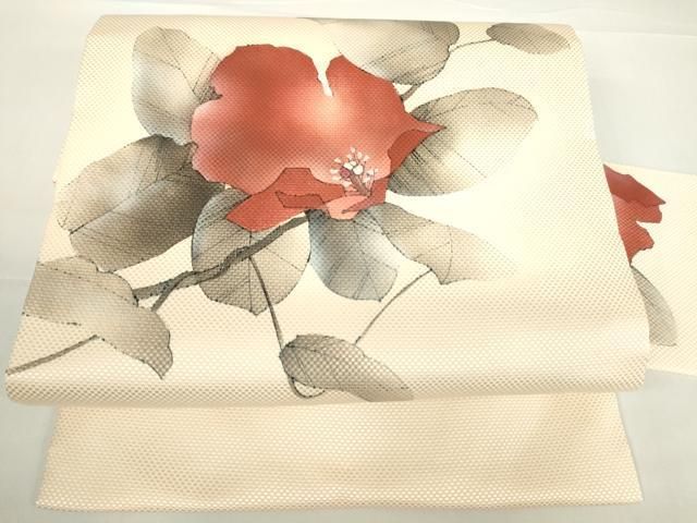 平和屋着物●銀座きしや　塩瀬　九寸名古屋帯　竹屋町刺繍　手描き　菱花文　榛色　金彩　正絹　逸品　CABA2228dy 平和屋着物○銀座きしや 塩瀬 九寸名古屋帯 竹屋町刺繍