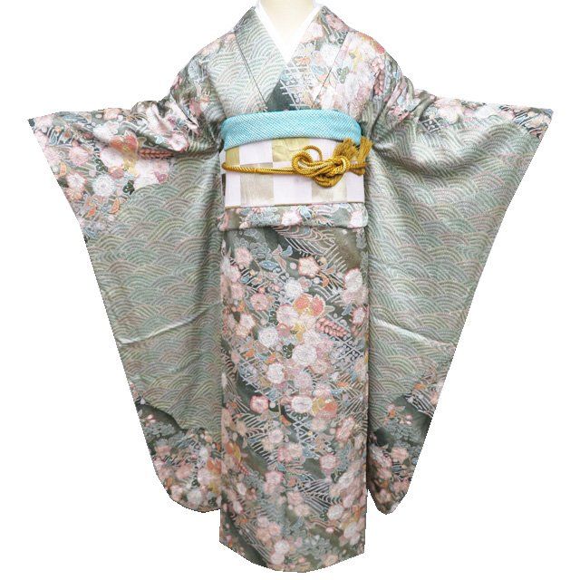 振袖 着物 中古 正絹 絞り 辻が花 青海波 地模様 緑系色 多色 金
