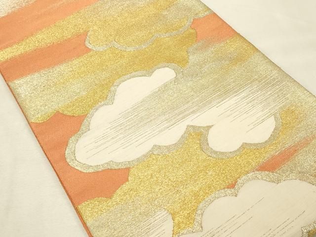 正絹　本綴れ袋帯　 雲取り霞文　オレンジ 系 平和屋着物◎六通柄袋帯 綴れ 霞雲取り文 金糸 正絹 逸品