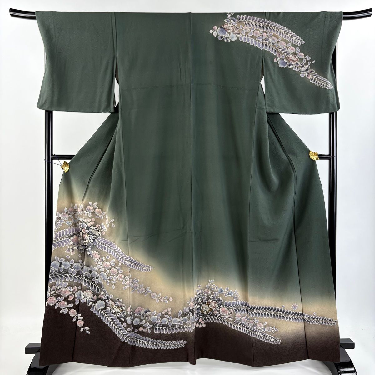 訪問着 身丈164.5cm 裄丈68.5cm L 袷 辻が花 金彩 縮緬 深緑