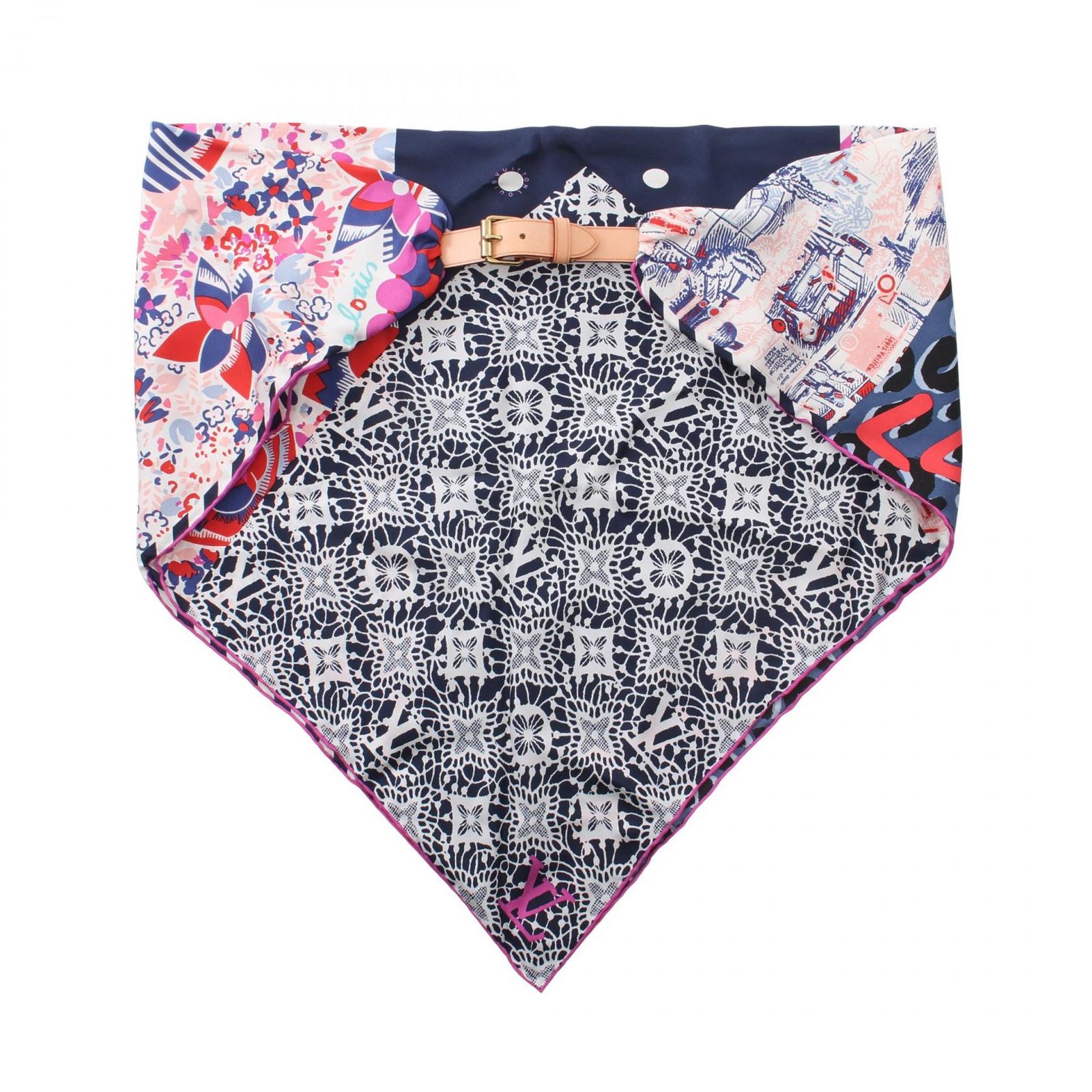 ルイ・ヴィトン LOUIS VUITTON スカーフ ネイビー シルク ベルト付  