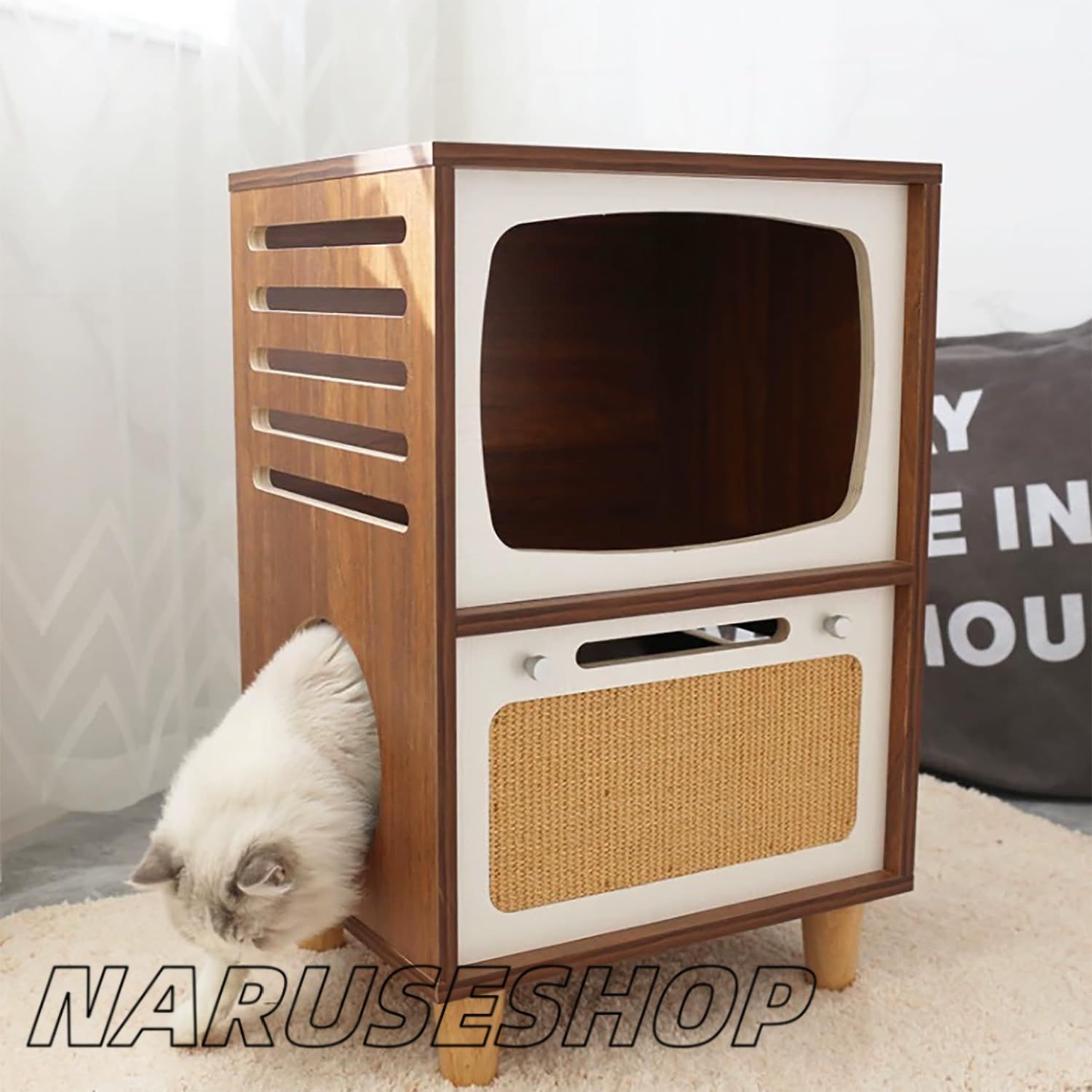 猫ハウス 2 in 1木製コンドミニアム屋内猫 家具 子猫シェルターロッジ用2段 ベッドサイド猫キャビネット レトロテレビスタイル ウ