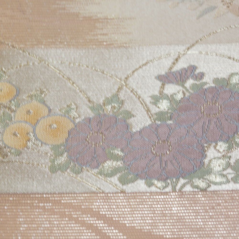 夏物 名古屋帯 紗 霞に春秋草花模様 紋紗 銀糸 正絹 お太鼓柄