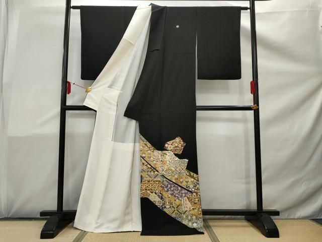 黒留袖⑦金彩友禅　正倉院家紋　豪華な刺繍　正絹　身丈164.5裄67⭐︎着物のみ 平和屋着物□豪華黒留袖 作家物 駒刺繍 更紗花鳥文 金彩 正絹