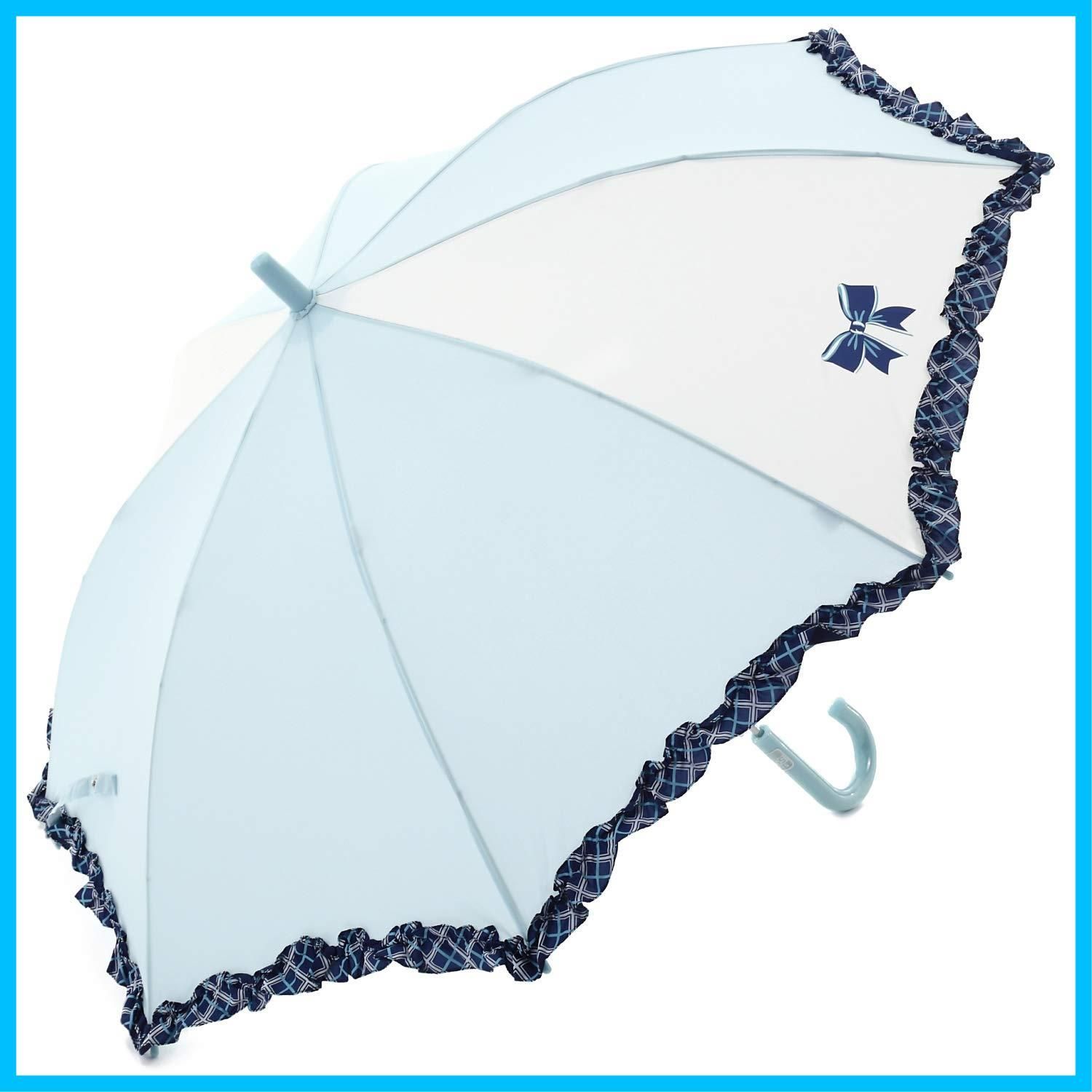 商品 リボン 駒替 チェック柄 フリル付 軽くて丈夫なグラスファイバー骨 かわいい 55 cm ジャンプ傘 ポリエステル サックス