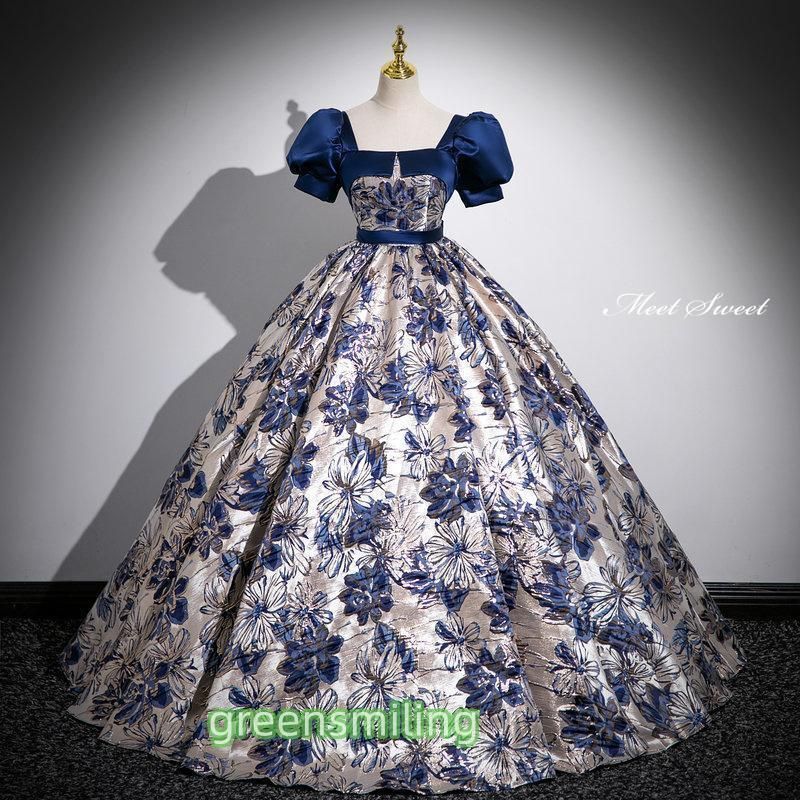 ドレス プリンセスライン ネイビー 花柄 パフスリーブ 紺 ロングドレス ウェディングドレス 結婚式 二次会 花嫁 前撮り