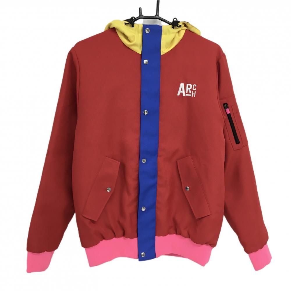 超 アルチビオ 中綿ジャケット レッド×イエロー×ブルー フード付 ティー装着可 メンズ 48 L ゴルフウェア archivio