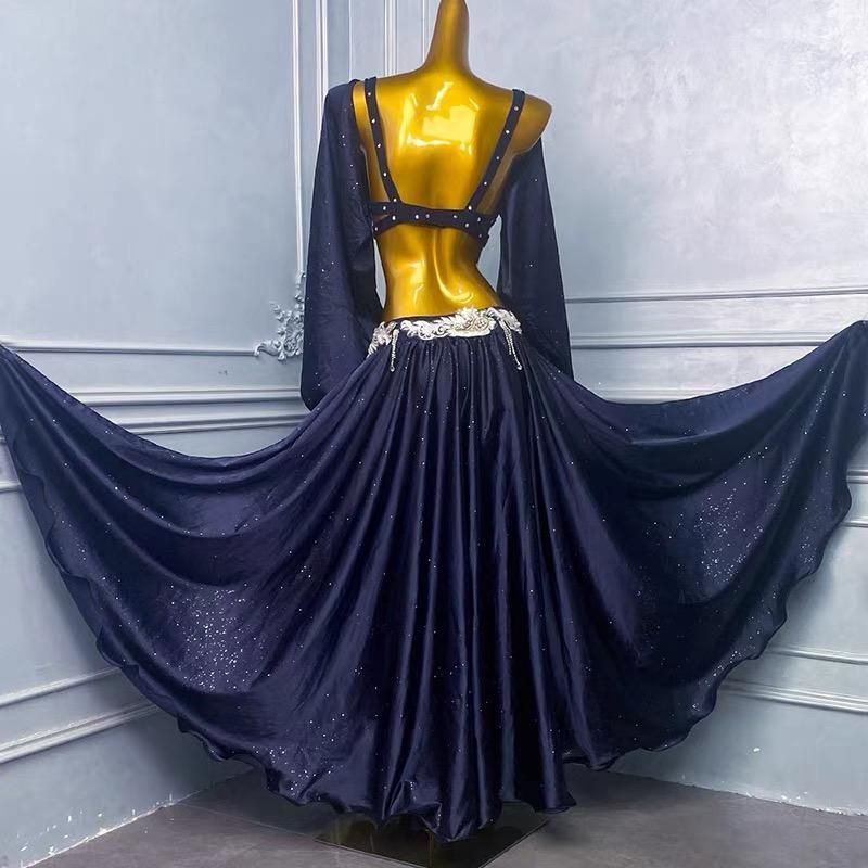 全品全国送料無料！ ♥ ベリーダンス オリエンタル衣装 トップス スカート オーダーメイド ステージ衣装 上下セット オリエンタルベリーダンス服 ビーズスパンコール ネイビー