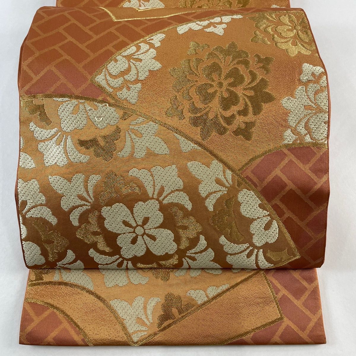 袋帯 秀品 川島織物 落款 扇面 花菱 金糸 箔 オレンジ 六通 正絹 