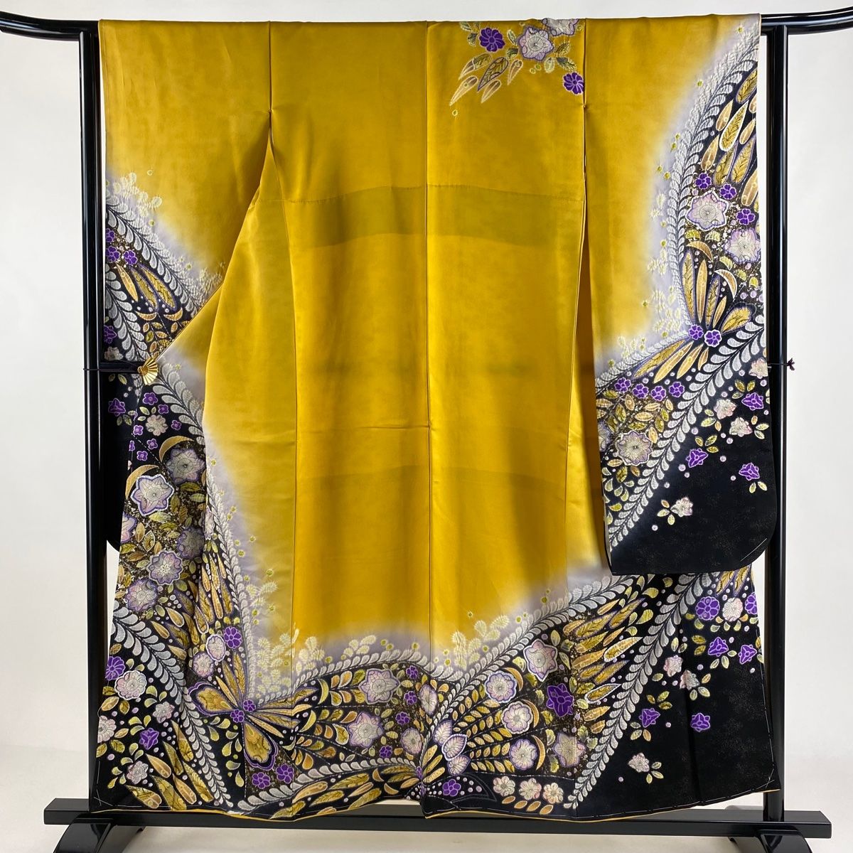 振袖 身丈155.5cm 裄丈63.5cm S 袷 落款 草花 絞り 銀通し 山吹色 正絹 名品