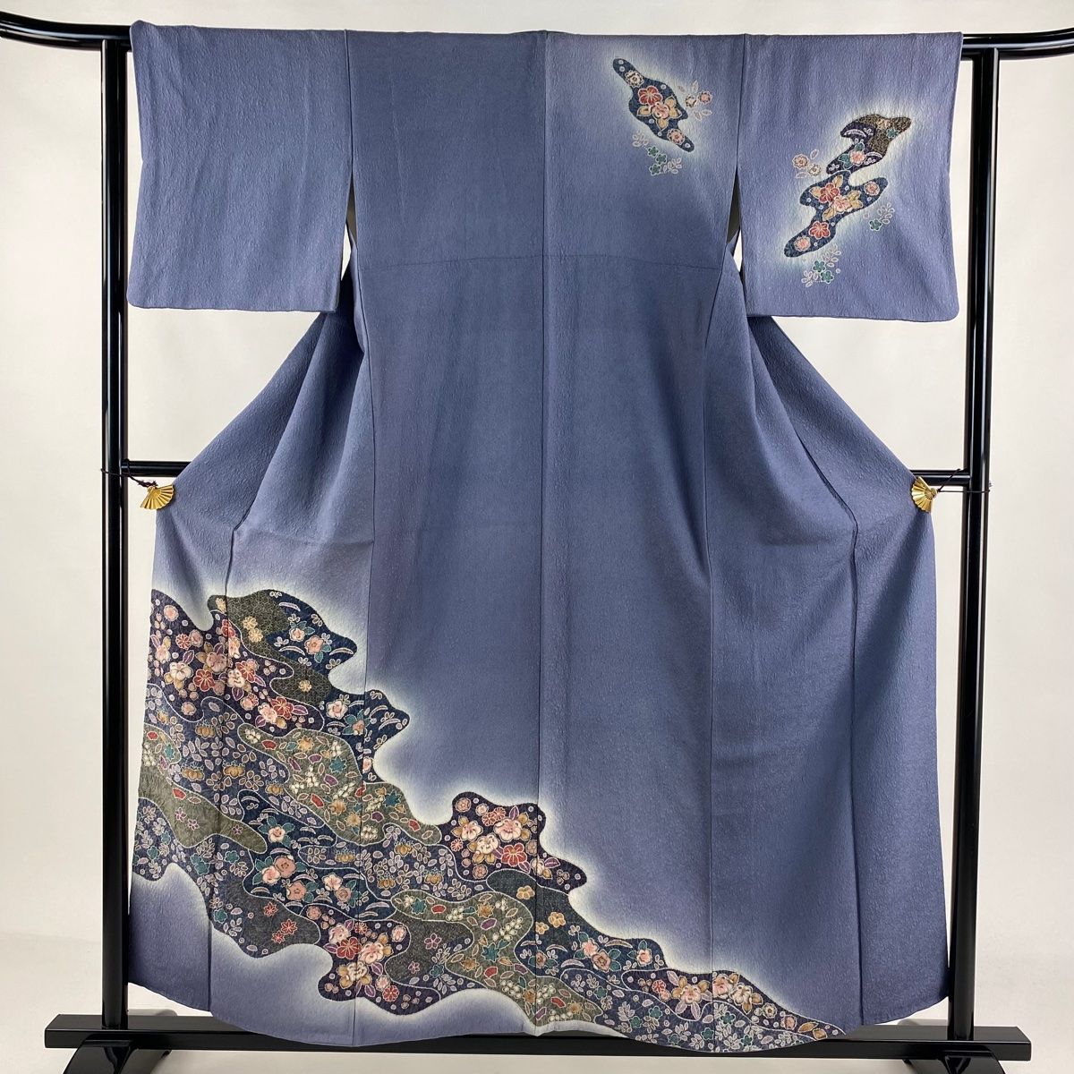 訪問着 身丈154.5cm 裄丈64cm M 袷 笛 花唐草 金彩 絞り 紺色 正絹 美  