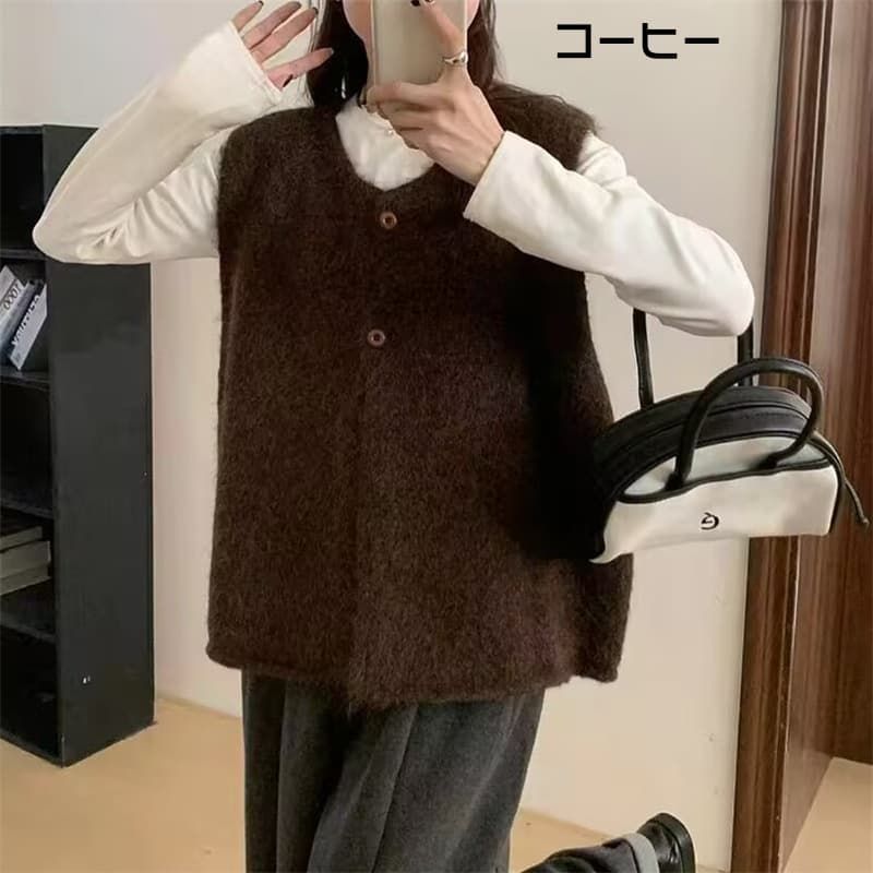 プレゼント付き シャギー ニットベスト 即 OKレディース ゆったり レイヤード 重ね着 ニット ベスト トップス ノースリーブ ボタン留め 前開き クルーネック シンプル カジュアル 大人 女性 お出かけ 春 秋 オhuanyi44