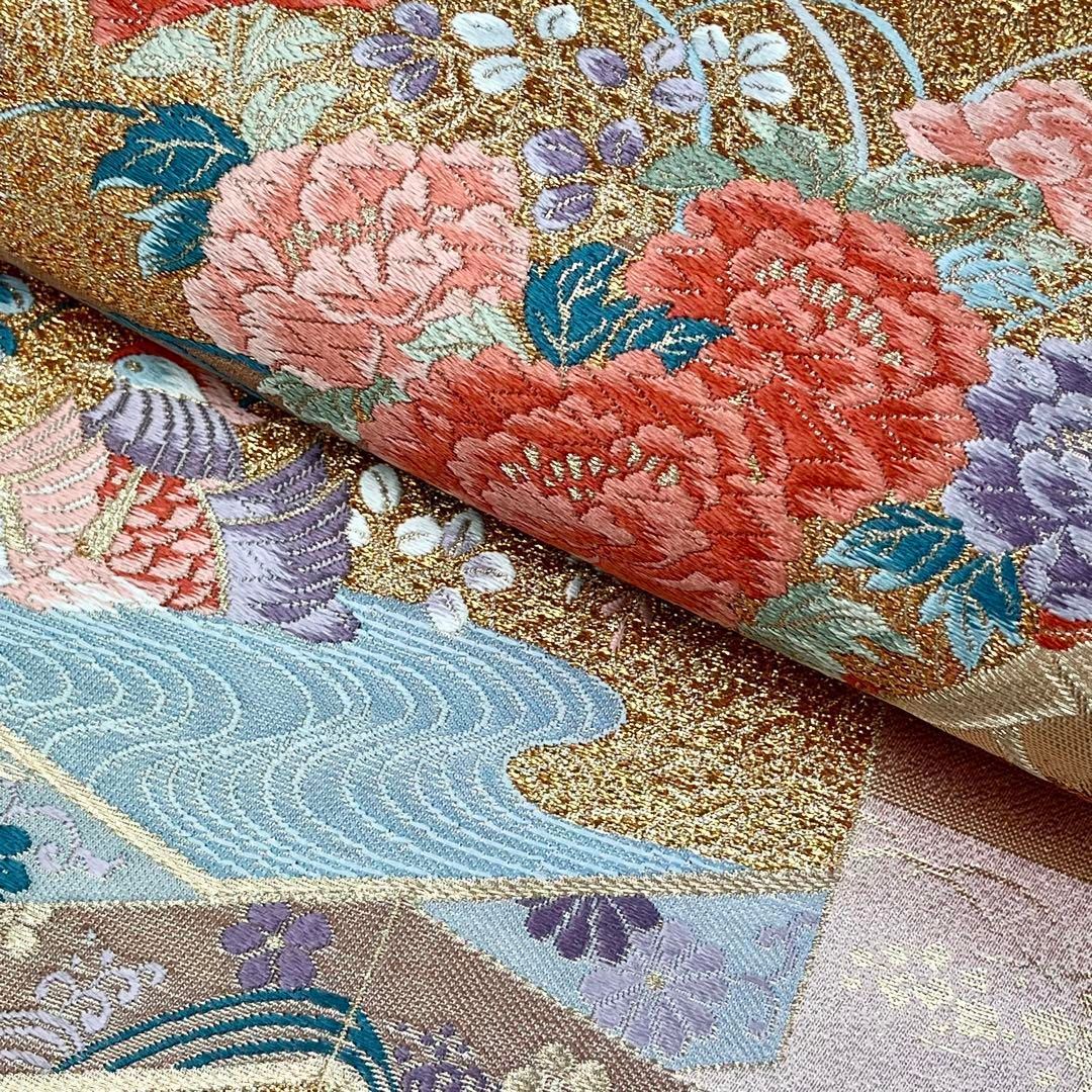 袋帯 屏風に美しい花模様 牡丹 菊 鴛鴦 金糸 薄曙色 O-3820 - メルカリ 