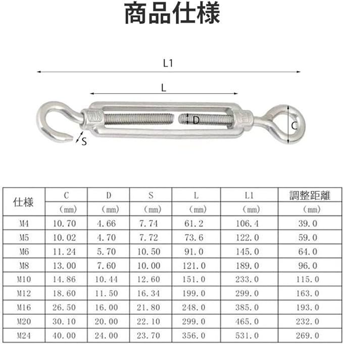 GOODCHI ターンバックル M5 ステンレス ワイヤーロープ フック 防錆