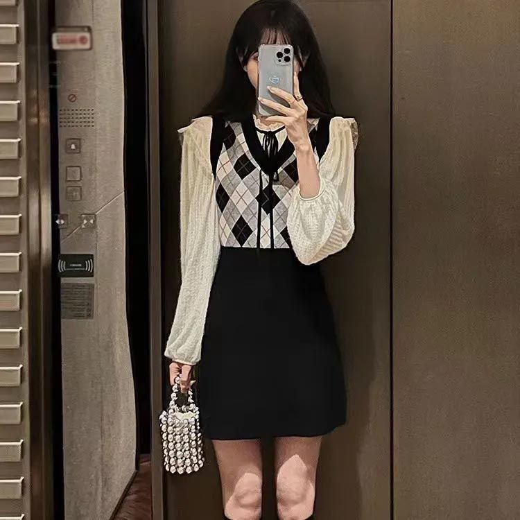 学園風 タンクワンピ チェック柄 ニットワンピース レディース