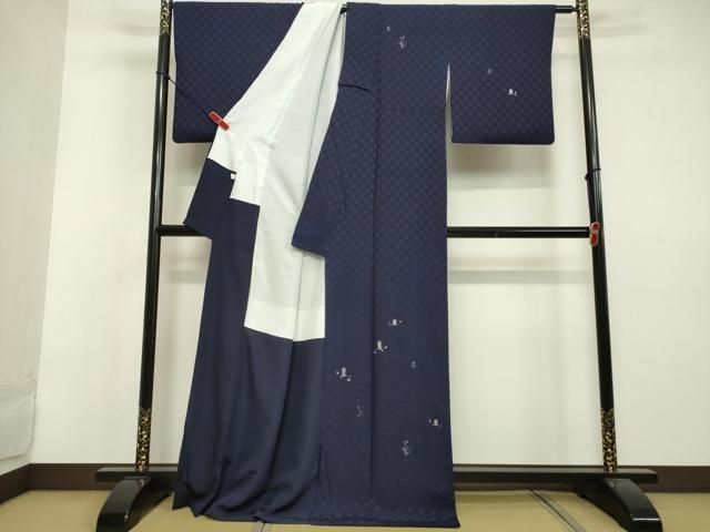 平和屋着物●本藍　訪問着　総刺繍　フクロウ　市松文様　金銀糸　正絹　逸品　DAAV1295tw 平和屋着物○本藍 訪問着 総刺繍 フクロウ 市松文様 金銀糸 正絹 逸品