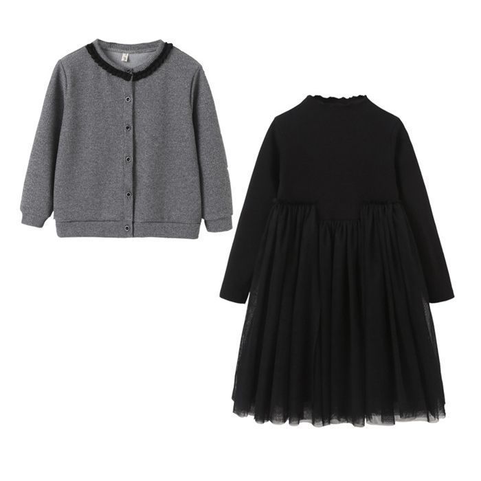 ジャガディ　ワンピース　カーディガン付き　入学式　フォーマル　発表会 子供服 礼服 ◇2点セット 長袖 ◇フォーマルドレス 黒