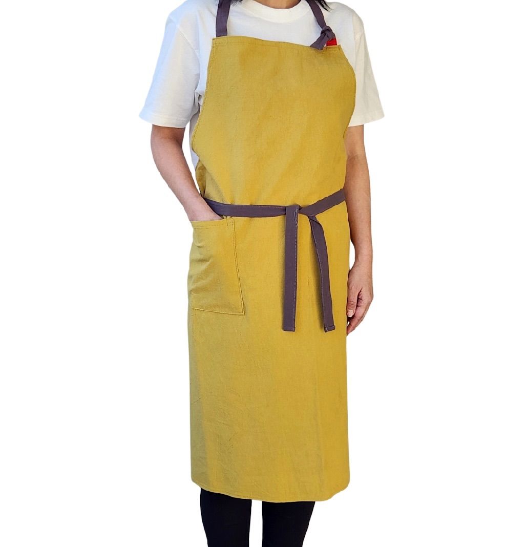 綿麻エプロンリネンシンプルおしゃれカフェエプロンイエロー
