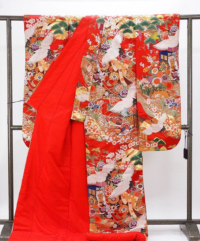 色打掛 正絹 吉祥 舞鶴 四季花 打掛 花嫁衣裳 婚礼 良品 中古