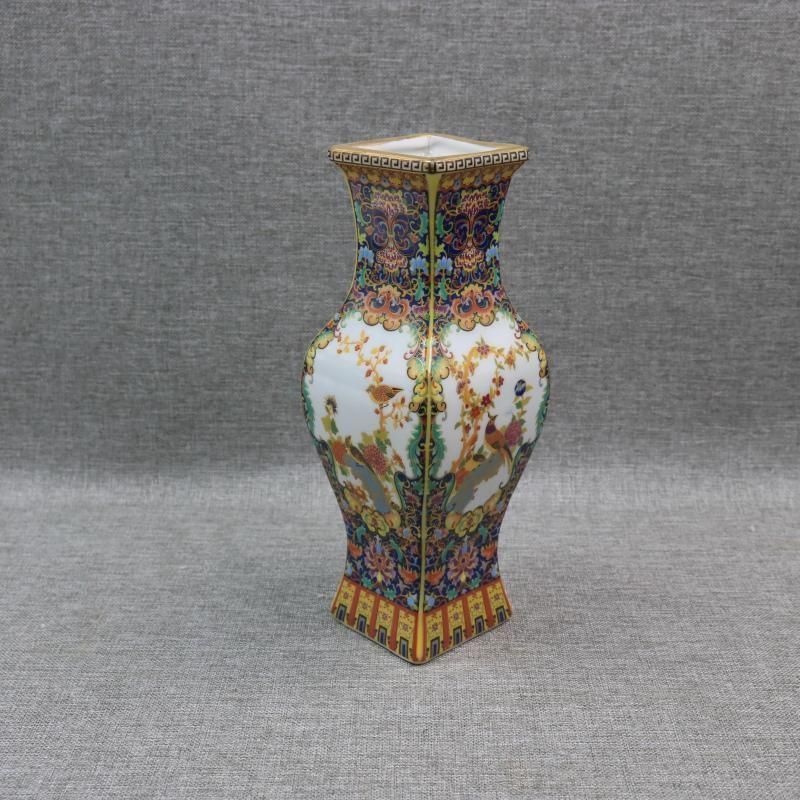 琺瑯彩蒔花鳥六方賞瓶 景徳鎮 陶磁器 装飾品 現代工芸品 美術品 置物 琺瑯彩蒔絵花鳥四方瓶 挿花器 景徳鎮 陶磁器 装飾品 現代工芸品