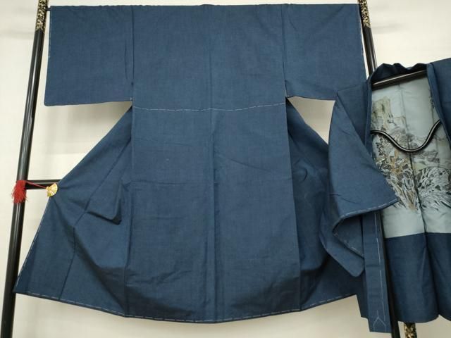平和屋着物●男性 紬 アンサンブル 色無地 青褐色 正絹 ♥ AABA9776ck
