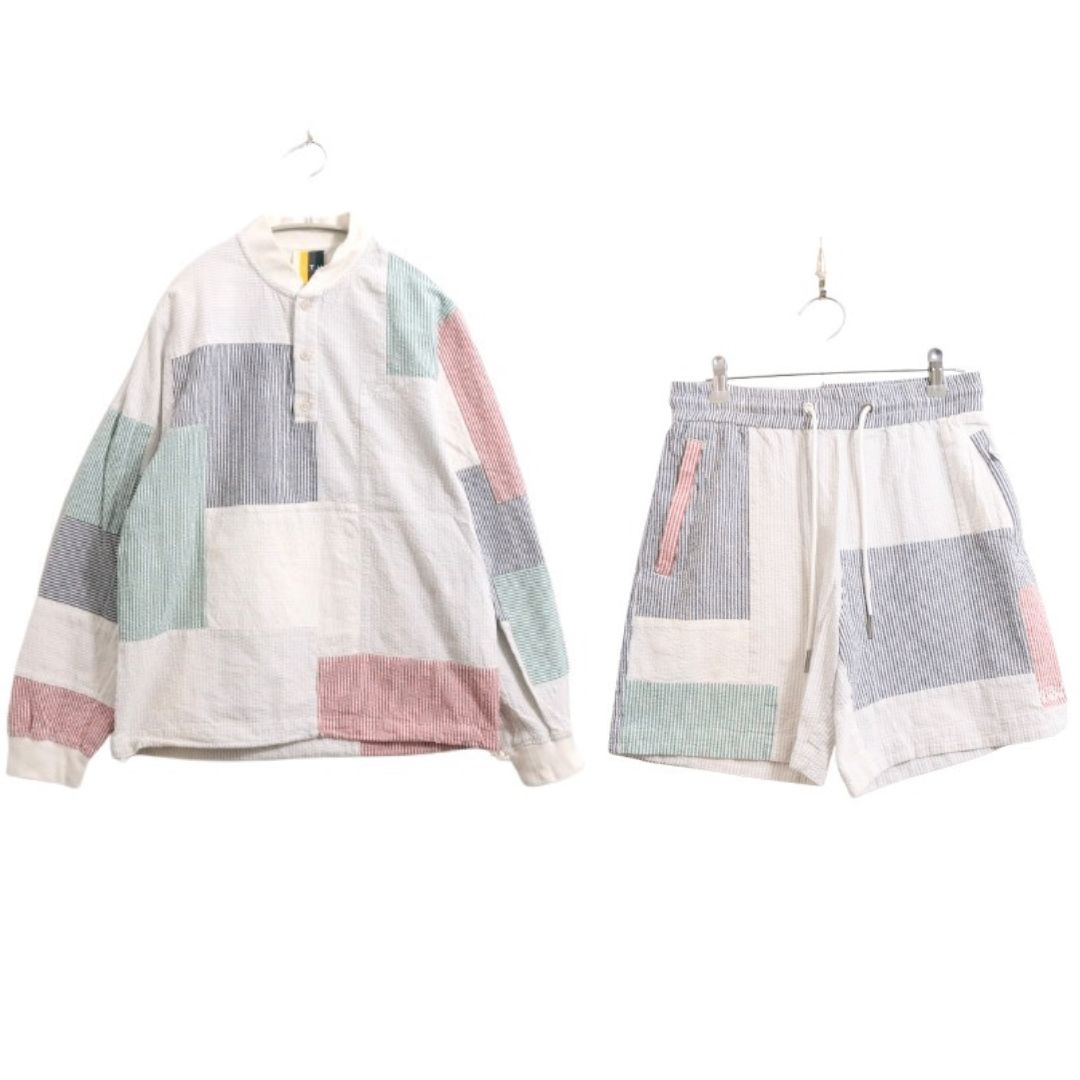 B KITH キス S | S メンズ セットアップ プルオーバーシャツ ショートパンツ シアサッカー 白 グレー ピンク B 古着