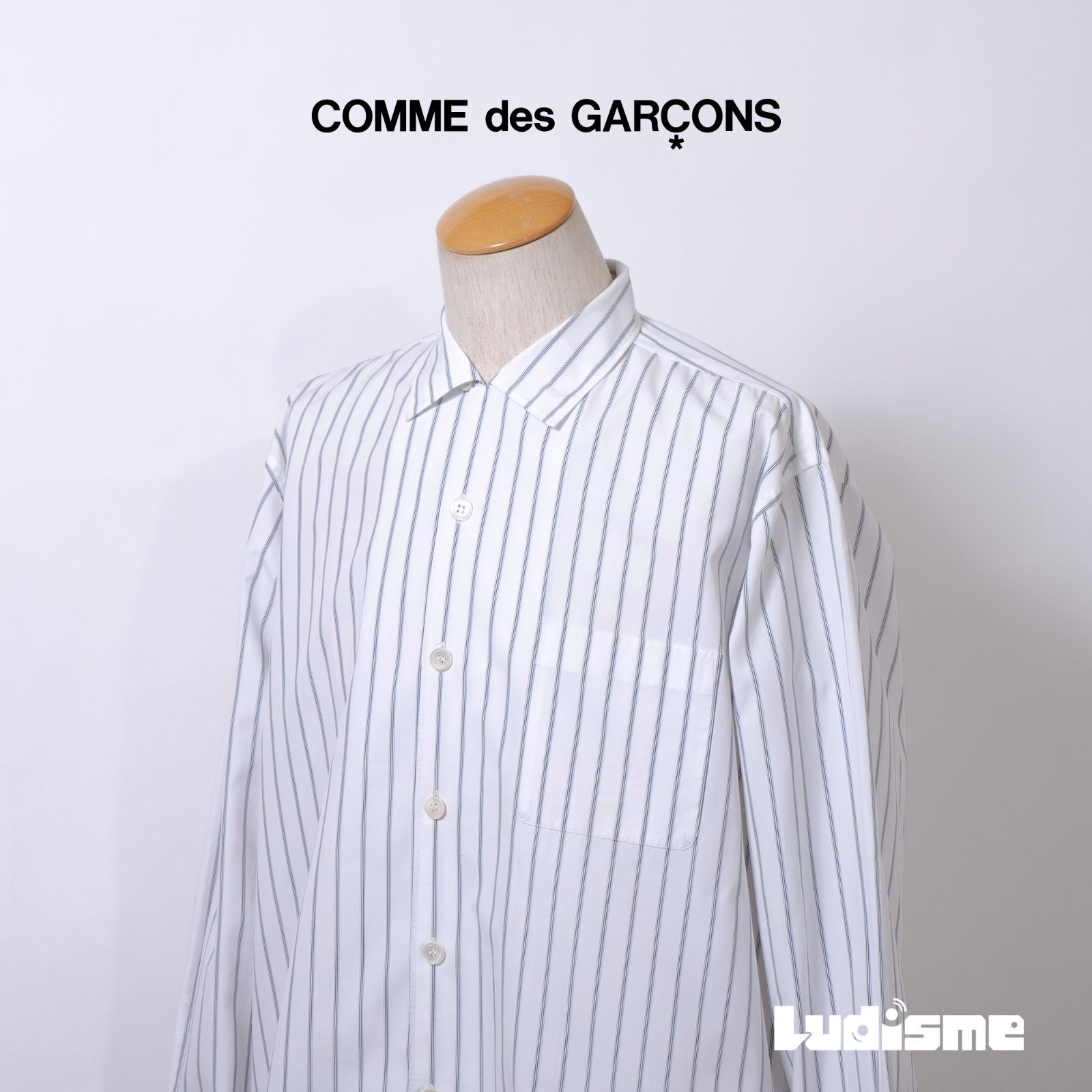 コムデギャルソン COMME des GARCONS HOMME ストライプシャツ ボックスシルエット 長袖 田中オム 田中啓一 90s オープンカラー スタンダードカラー チンストラップ メンズ 白シャツ