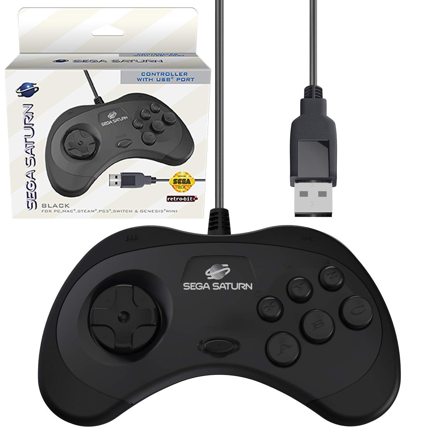 セガ公認 サターン ゲームパッド コントローラー Official Sega Saturn USB Controller 8-Button Arcade Pad Black for PC|Mac|Steam
