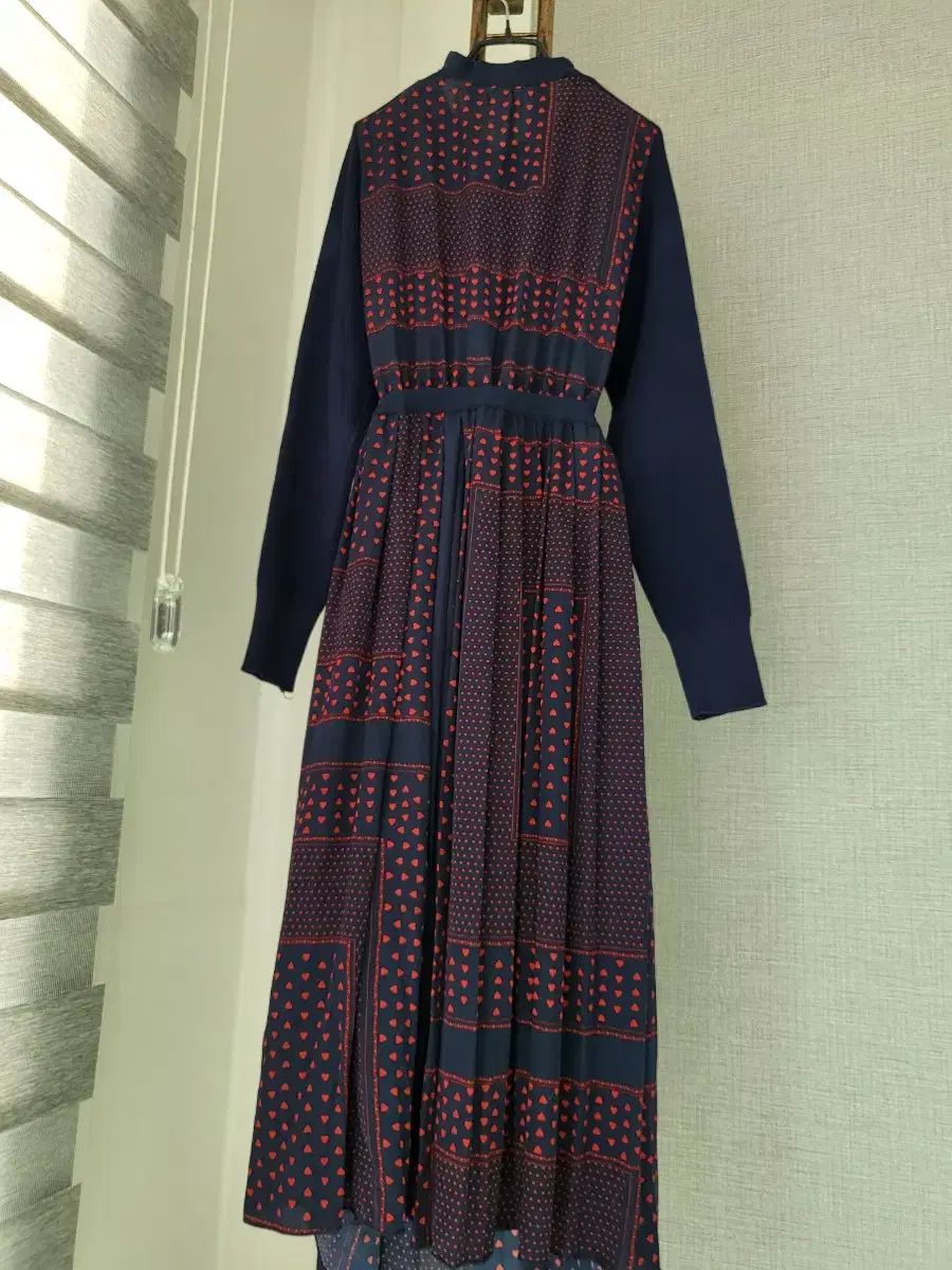 ネイビー ニット+シフォン ロング丈ワンピース