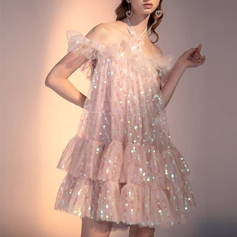 ワンピースパーティードレスゴスロリフェミニン 無地ホルターネック夏ミニ丈ショート丈オフショルダースパンコールキラキラティアードフレ hanrui02 DZ10