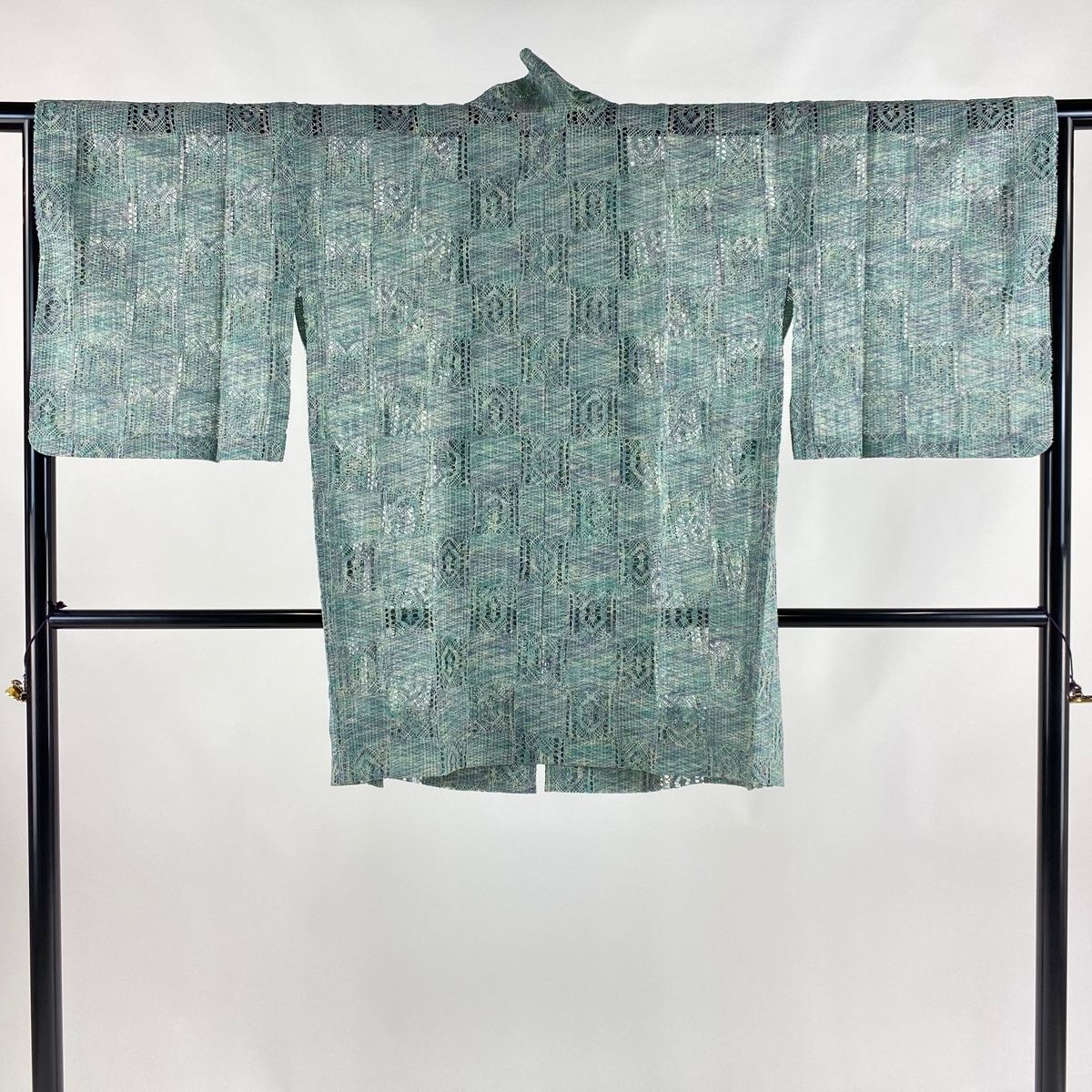 道中着 身丈86cm 裄丈67cm M 奄美大島本泥染 証紙 市松 幾何学 薄緑 正絹 秀品